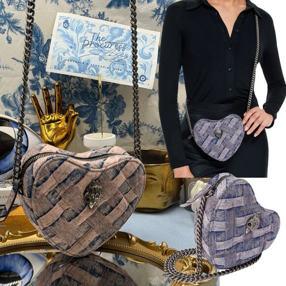 🆕 KURT GEIGER LONDON 🧿 NWOT Kensington Heart Bag, Pink Bleached Woven Denim - Picture 1 of 16